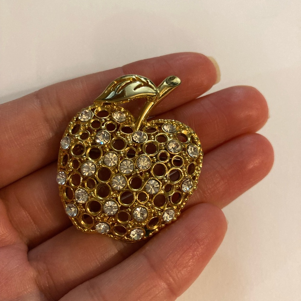 Elegant Gold Apple Brooch with Crystals